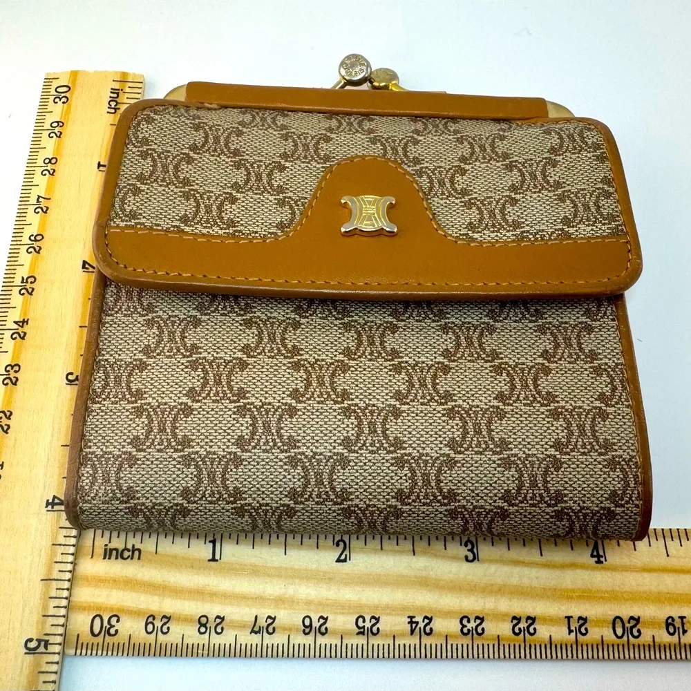 Celine French Kisslock Wallet Brown Macadam Canvas Celine Triomphe Authentic - Picture 11 of 13